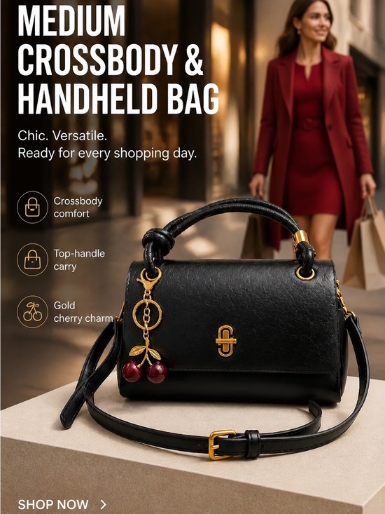 Handbags - Black Medium Crossbody & Handheld Bag with Gold Cherry Charm